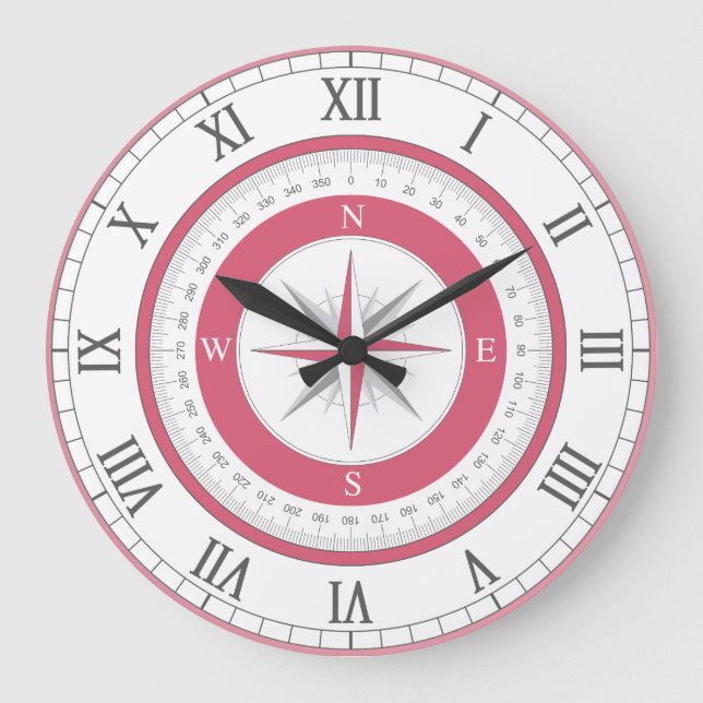 Nautical Compass Red & White Large Clock (Front)