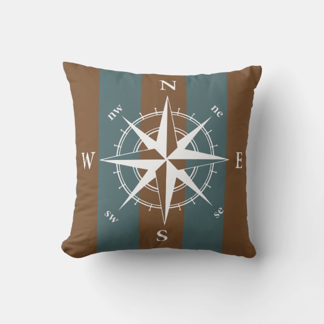 Nautical compass retro muted teal brown strips cushion (Front)