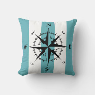 Nautical compass retro teal vertical strips cushion