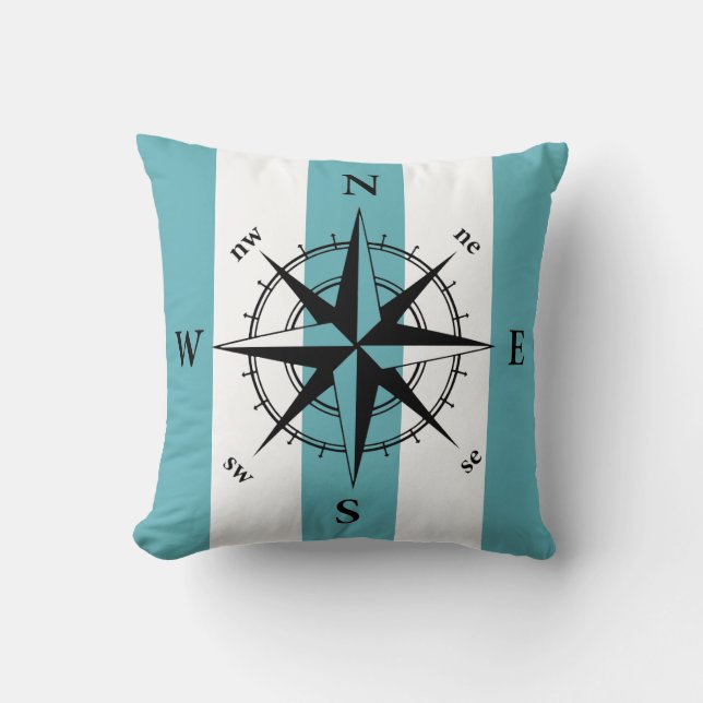Nautical compass retro teal vertical strips cushion (Front)