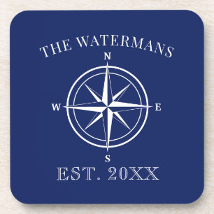 Nautical Compass Rose Family Name Navy Blue Coaster