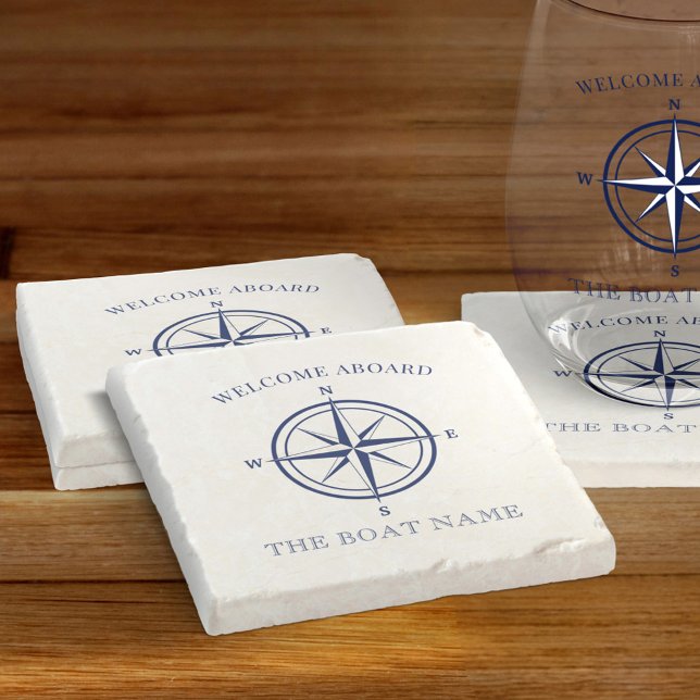 Nautical Compass Rose Navy Blue Boat Name Stone Coaster (Creator Uploaded)
