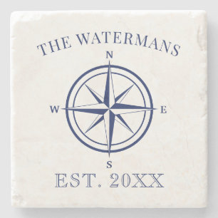 Nautical Compass Rose Navy Blue Family Name Stone Coaster