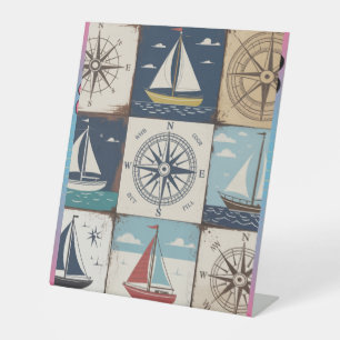 Nautical Compass Rose & Sailboat Collage Pedestal Sign