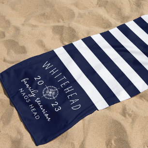 Nautical Compass Rose Stripe Navy Monogram Beach Towel