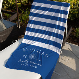 Nautical Compass Rose Stripe Royal Blue Monogram Beach Towel