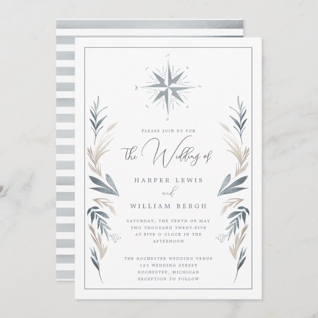 Nautical compass rose wedding invitation (Front/Back)
