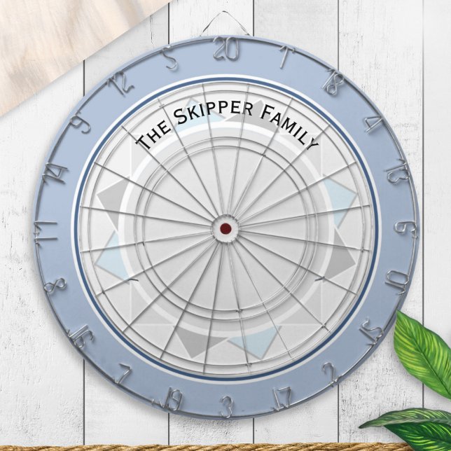 Nautical Compass Sailing Themed Personalized Dartboard (A personalized dartboard with a nautical design in light blue, white and gray)
