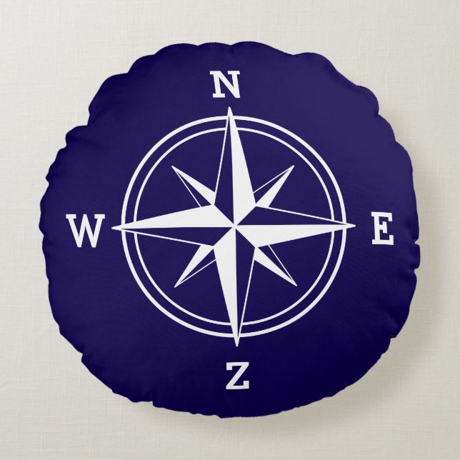 Nautical compass star navy blue round cushion (Front)