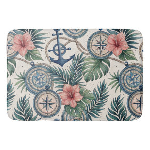 NAUTICAL COMPASS TROPICAL FLOWERS AND LEAVES BATH MAT