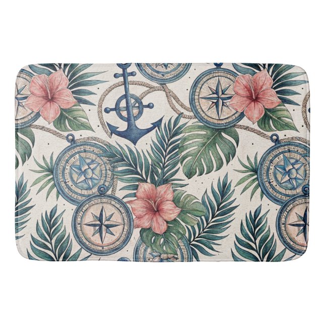 NAUTICAL COMPASS TROPICAL FLOWERS AND LEAVES BATH MAT (Front)