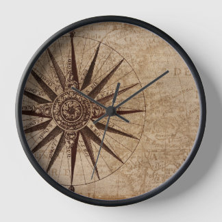 Nautical Compass Vintage Map Travel Clock