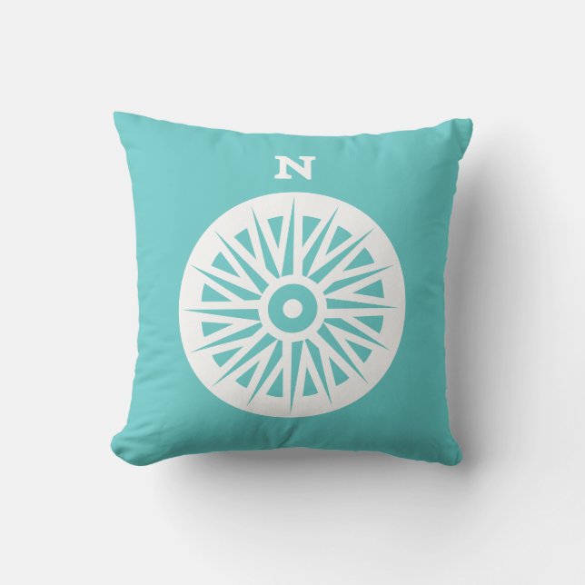 nautical compass white on teal blue pillow (Front)