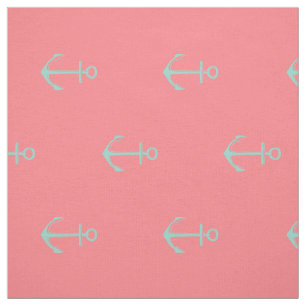 Nautical Cool Aqua Anchors on Coral Pink Fabric