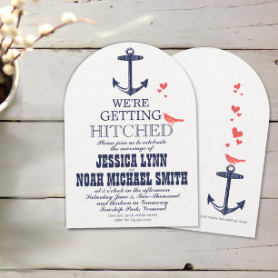 Nautical Coral and Navy Anchor Love Bird Wedding Invitation
