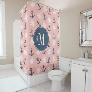 Nautical coral navy blue anchor and wheel pattern shower curtain