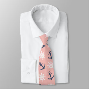 Nautical coral navy blue anchor and wheel pattern tie