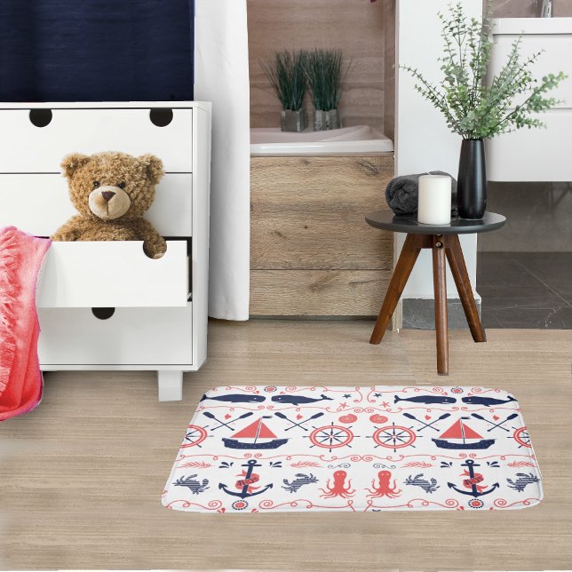 Nautical Coral Orange Navy Whales Ropes and Banner Bath Mat (Creator Uploaded)