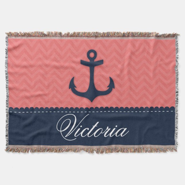 Nautical Coral Pink Navy Blue Anchor Custom Name Throw Blanket (Front)