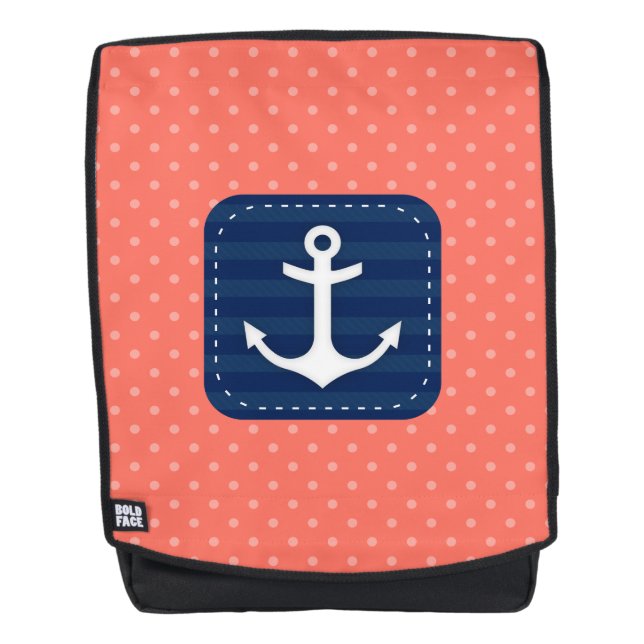 Nautical Coral Polka Dot Pattern Navy Blue Anchor Backpack (Front)