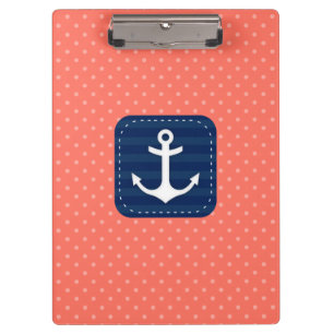Nautical Coral Polka Dot Pattern Navy Blue Anchor Clipboard