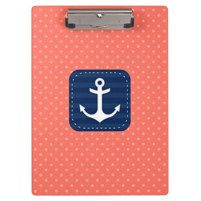 Nautical Coral Polka Dot Pattern Navy Blue Anchor Clipboard (Front)