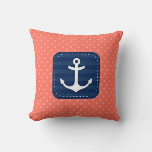 Nautical Coral Polka Dot Pattern Navy Blue Anchor Cushion