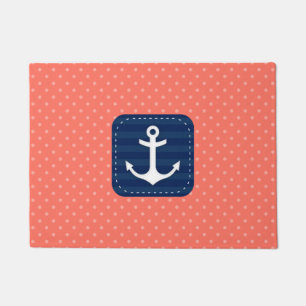 Nautical Coral Polka Dot Pattern Navy Blue Anchor Doormat