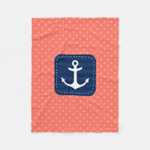 Nautical Coral Polka Dot Pattern Navy Blue Anchor Fleece Blanket