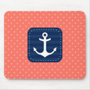 Nautical Coral Polka Dot Pattern Navy Blue Anchor Mouse Pad