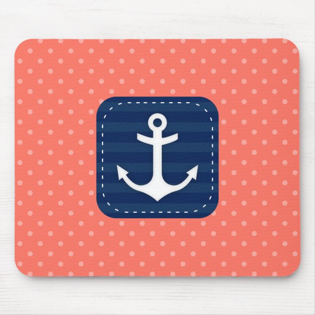 Nautical Coral Polka Dot Pattern Navy Blue Anchor Mouse Pad (Front)