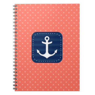 Nautical Coral Polka Dot Pattern Navy Blue Anchor Notebook