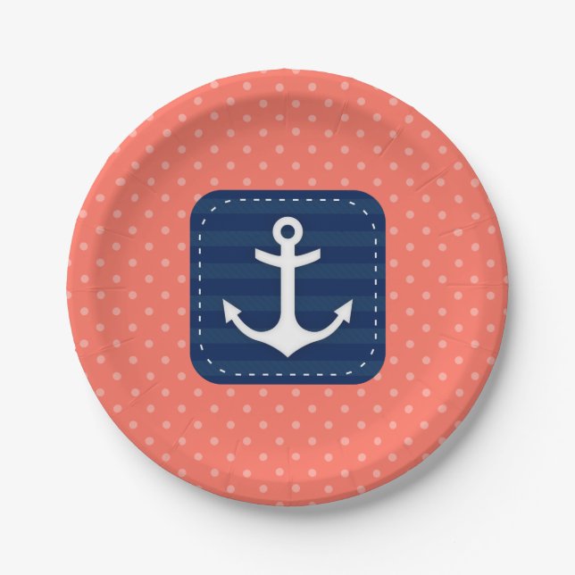 Nautical Coral Polka Dot Pattern Navy Blue Anchor Paper Plate (Front)