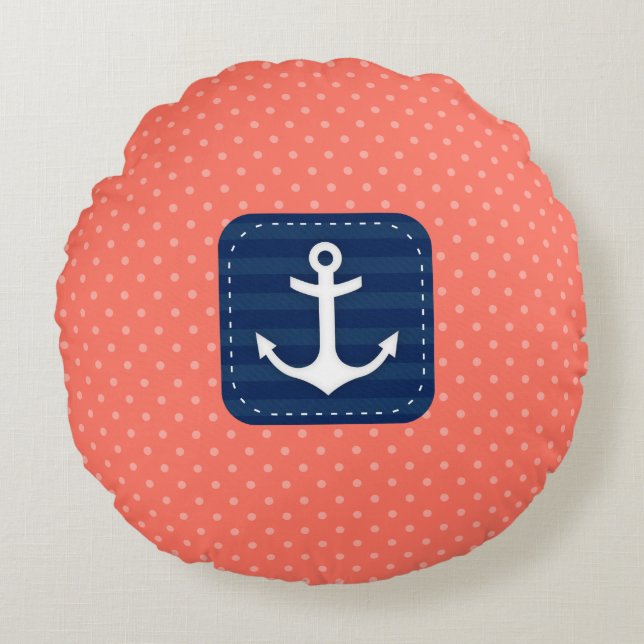 Nautical Coral Polka Dot Pattern Navy Blue Anchor Round Cushion (Front)