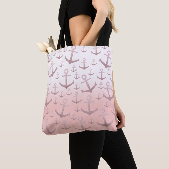 Nautical coral rose gold glitter anchor pattern tote bag (Close Up)