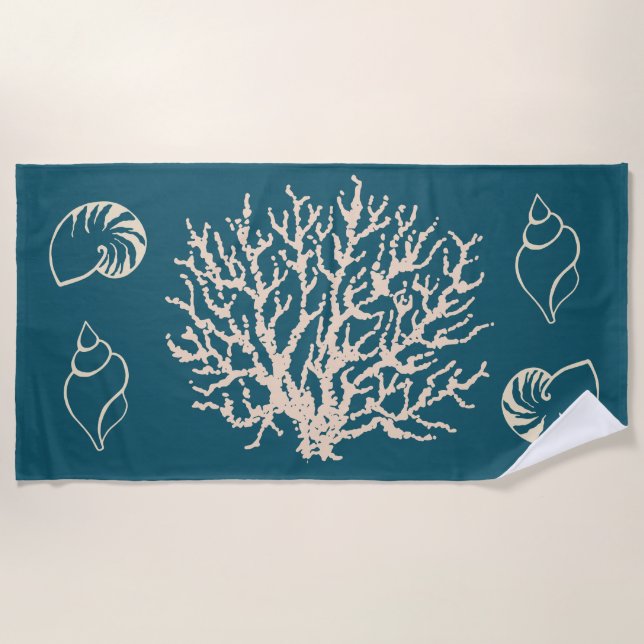 Nautical Coral Seashells Beach Towel  (Front)