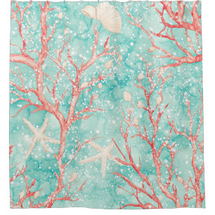 Nautical Coral Starfish Pattern Shower Curtain