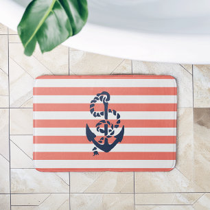 Nautical Coral Stripe & Navy Anchor Bath Mat