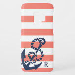 Nautical Coral Stripe & Navy Anchor Monogram Case-Mate Samsung Galaxy S9 Case<br><div class="desc">Our summery monogrammed case in classic Nantucket red is the perfect protection for your new phone this summer! Design features a rope and anchor illustration in nautical navy blue on a coral and white stripe background. Add your single initial monogram in matching navy blue. Coordinating accessories available in our shop....</div>