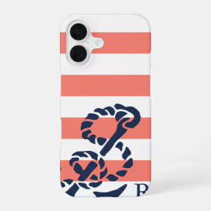 Nautical Coral Stripe & Navy Anchor Monogram iPhone 16 Case
