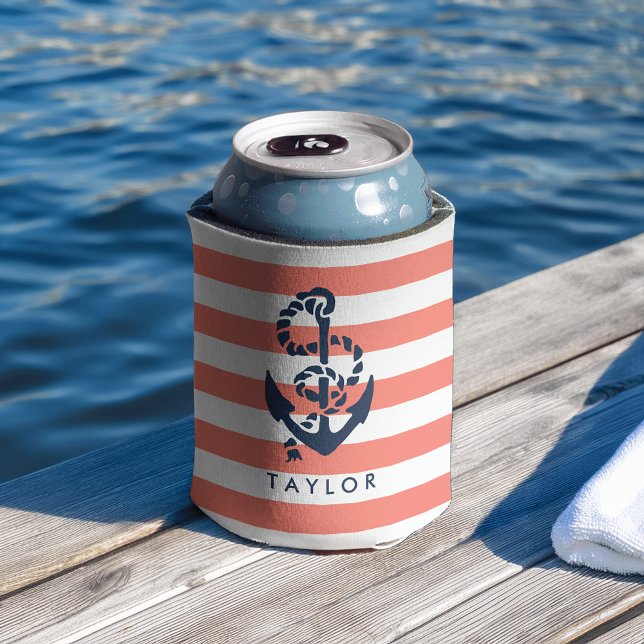Nautical Coral Stripe & Navy Anchor Personalised Can Cooler (Creator Uploaded)