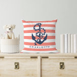 Nautical Coral Stripe & Navy Anchor Personalised Cushion<br><div class="desc">Design features a classic navy blue anchor and rope illustration on a coral and white stripe background. Personalise with a name or text of your choice,  or simply delete the sample text to leave blank. Coordinating accessories available in our shop!</div>