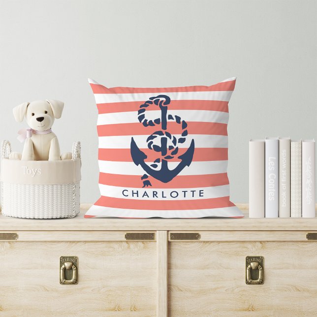 Nautical Coral Stripe & Navy Anchor Personalised Cushion (Creator Uploaded)