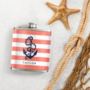 Nautical Coral Stripe & Navy Anchor Personalised Hip Flask