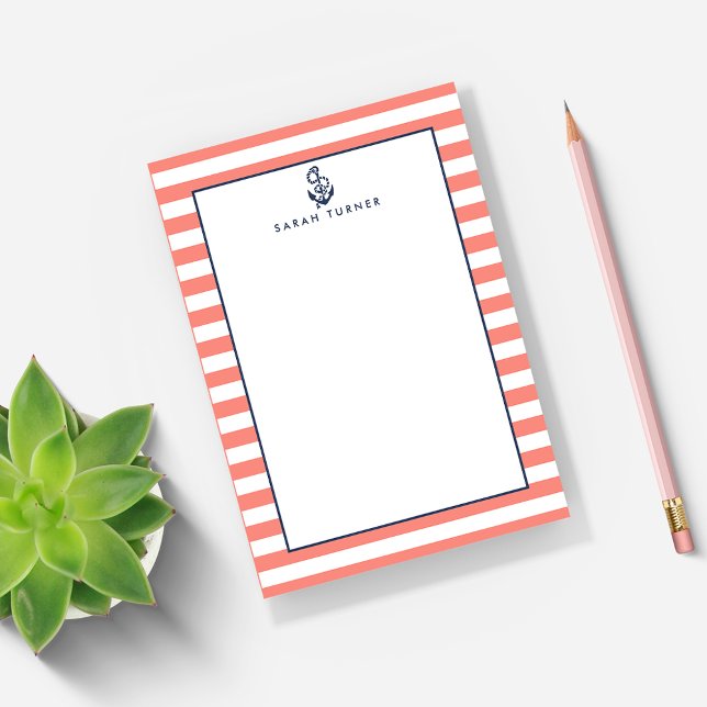 Nautical Coral Stripe & Navy Anchor Personalised Post-it Notes (Creator Uploaded)