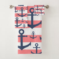 Nautical coral stripe navy blue anchor pattern