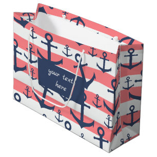 Nautical coral stripe navy blue anchor pattern large gift bag