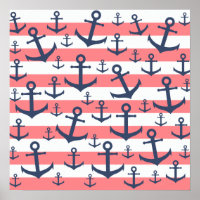 Nautical coral stripe navy blue anchor pattern