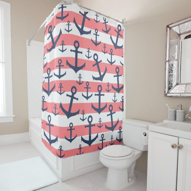 Nautical coral stripe navy blue anchor pattern shower curtain (In Situ)