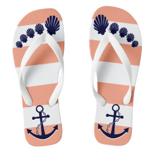 Nautical Coral Striped Navy Anchor Seashell Toes Jandals